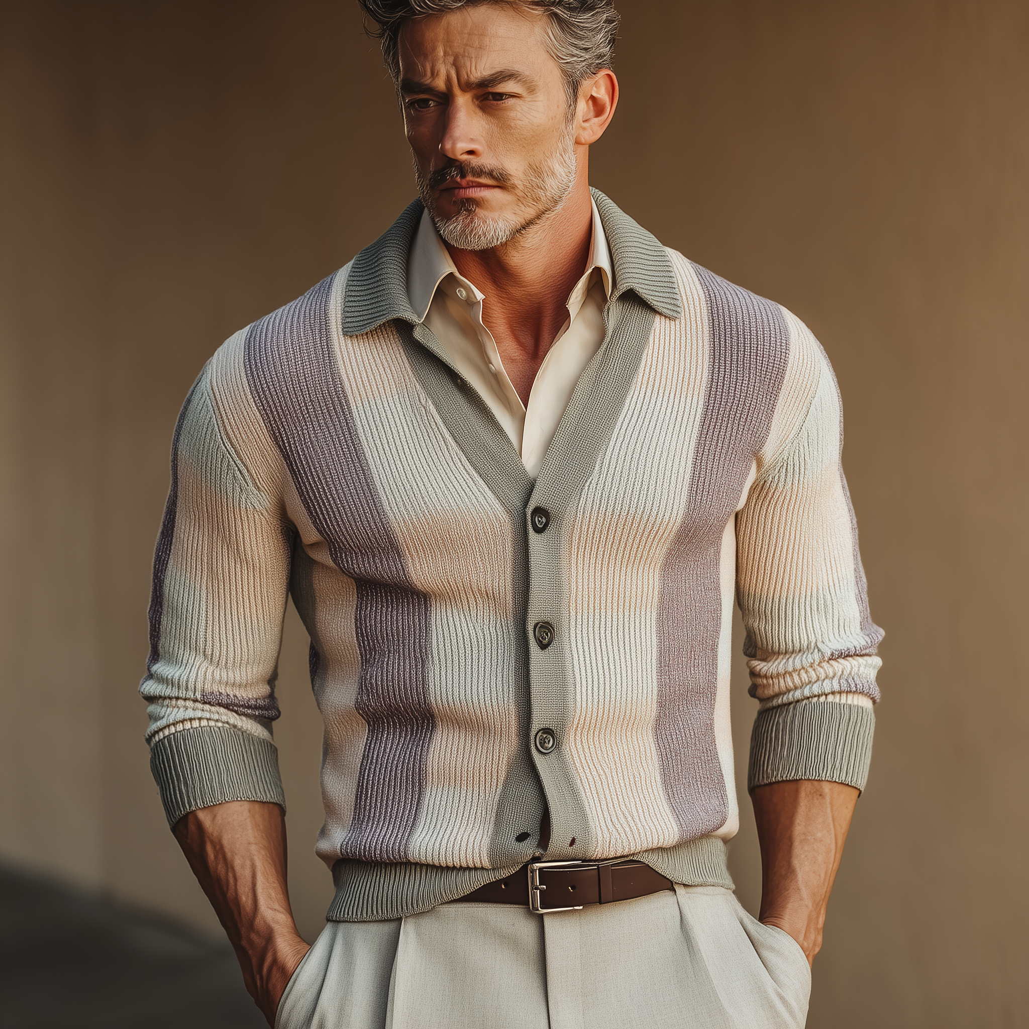 Men's Autumn Fashion Contrast Color Vertical Stripes Knitted Sweater Cardigan MTA1679I0P