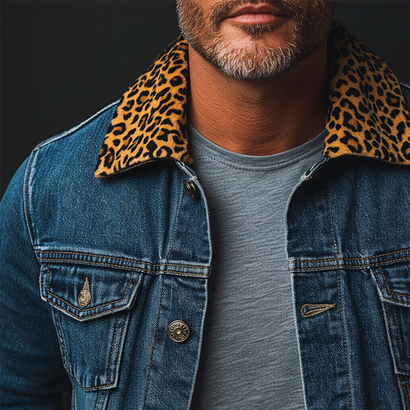 Men's Retro Leopard Print Collar Washed Denim Button Jacket MTA2636K9P
