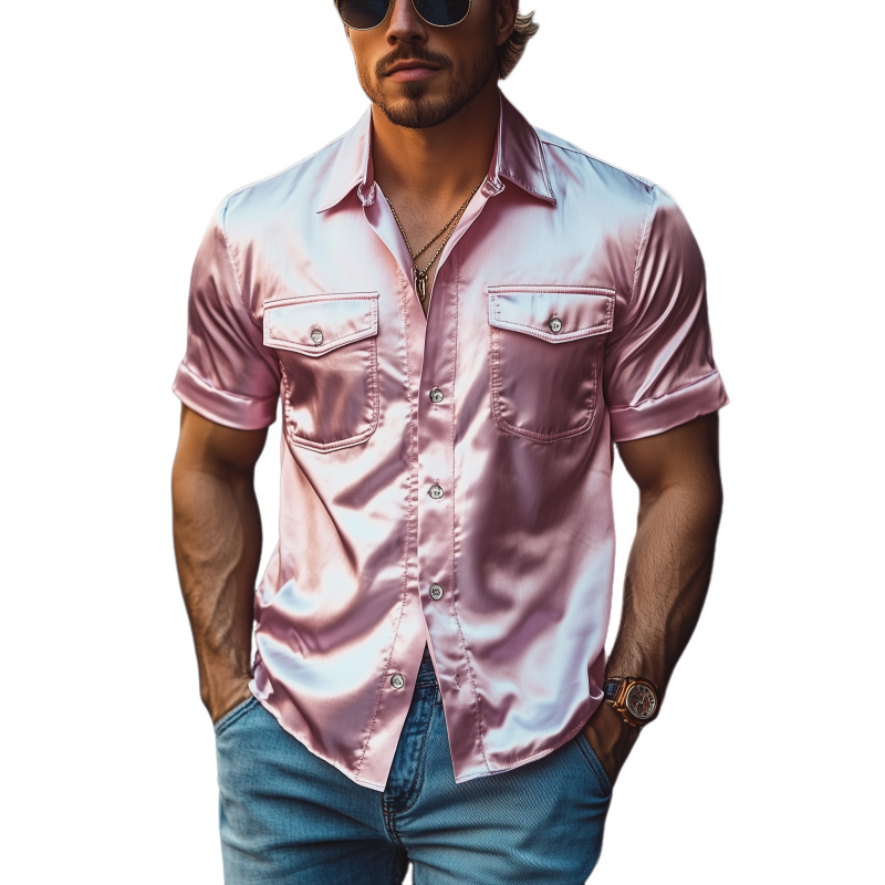 Men's Spring Fashion Casual Satin Shiny Fabric Short Sleeve Shirt 06753390K