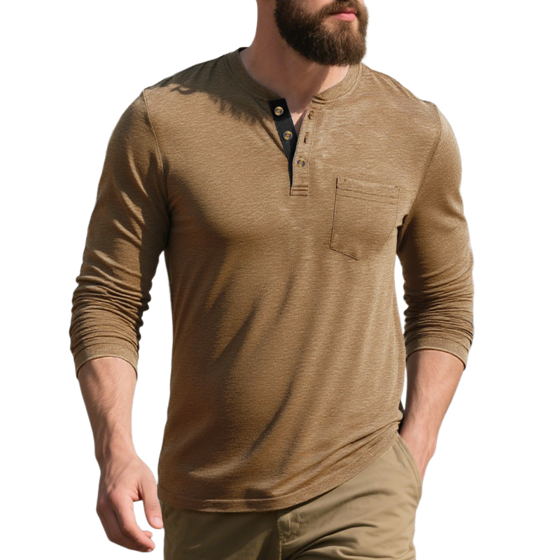 Men's Cotton Blend Colorblock Henley Collar Long Sleeve T-Shirt MTA2837G8X
