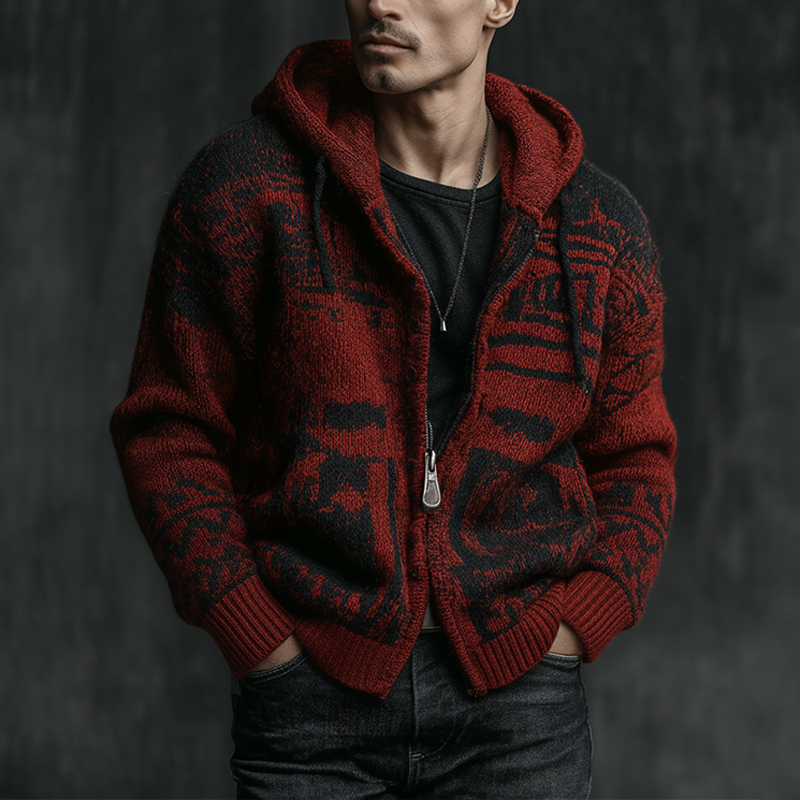 Men's Winter Retro Contrast Color Knitted Jacquard Cotton Yarn Hooded Cardigan MTA2351J3P