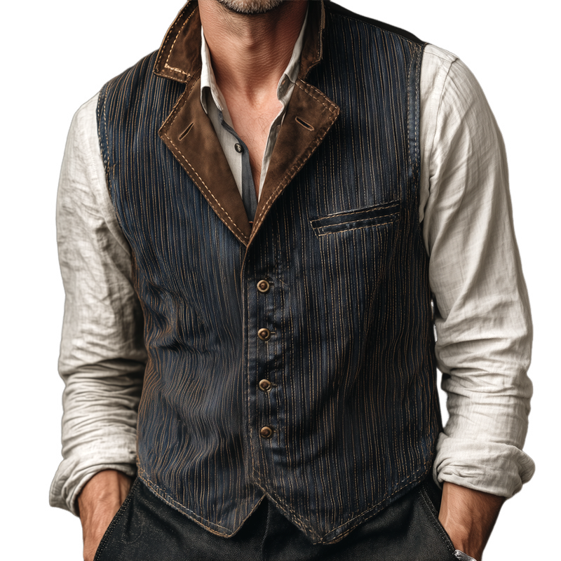 Men's Striped Denim Splicing Faux Suede Lapel Single Breasted Vintage Vest MTA2160H3Z