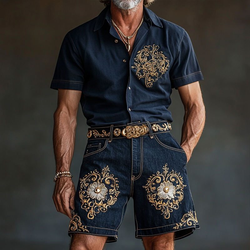 Men'S Fashion Retro Embroidered Lapel Short Sleeve Shirt MTA0951E8Z
