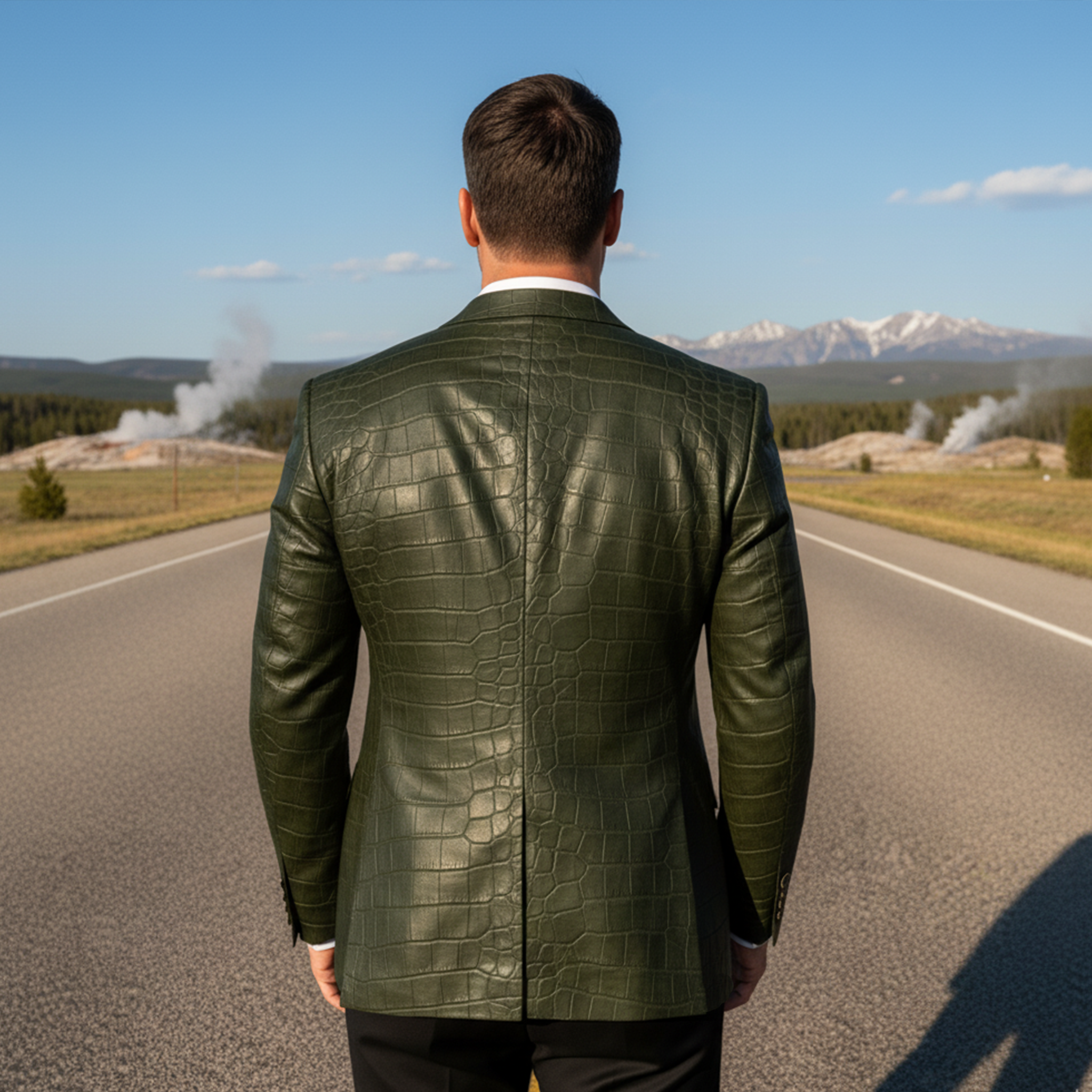 Men's Classic Retro Crocodile Leather Texture PU Leather Single-breasted Slim-fit Blazer MTA1544I0K