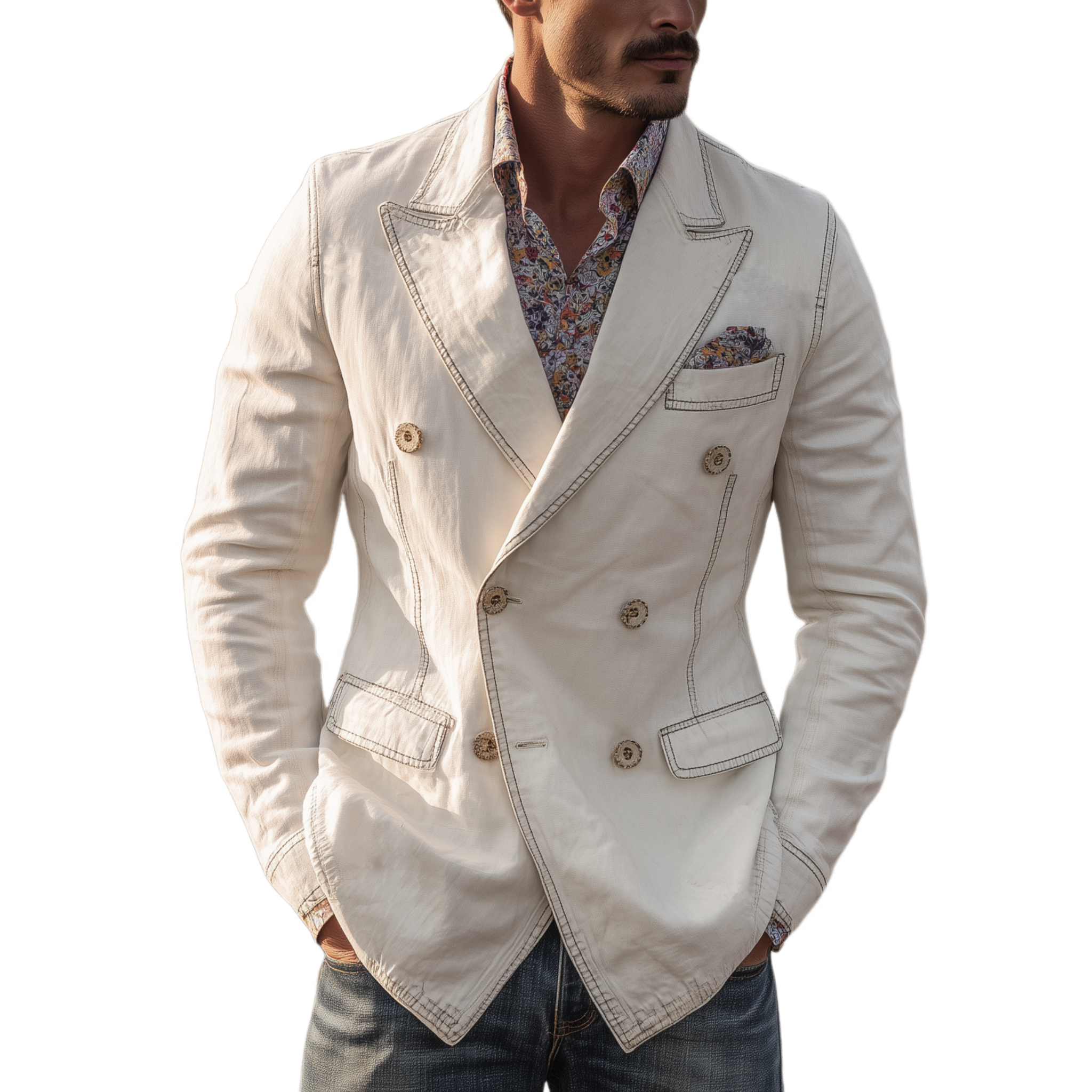 Men's Classic Vintage Washed Denim Double-breasted Slim-fit Blazer MTA0820H3K