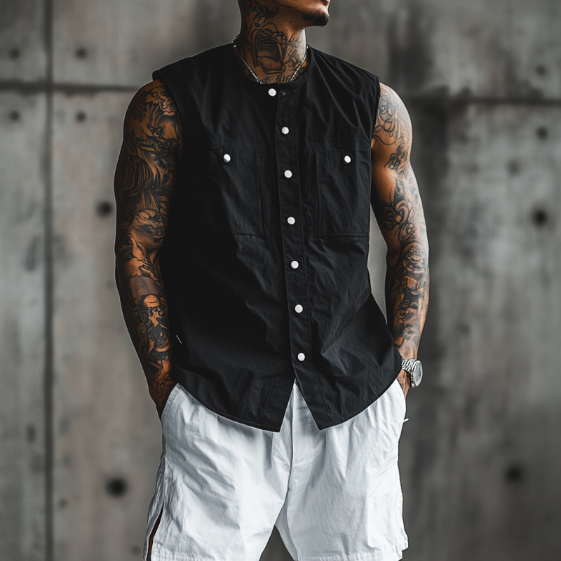Men's Casual Breathable Cotton Round Neck Iron Single Breasted Loose Sleeveless Shirt MTA2665E3M