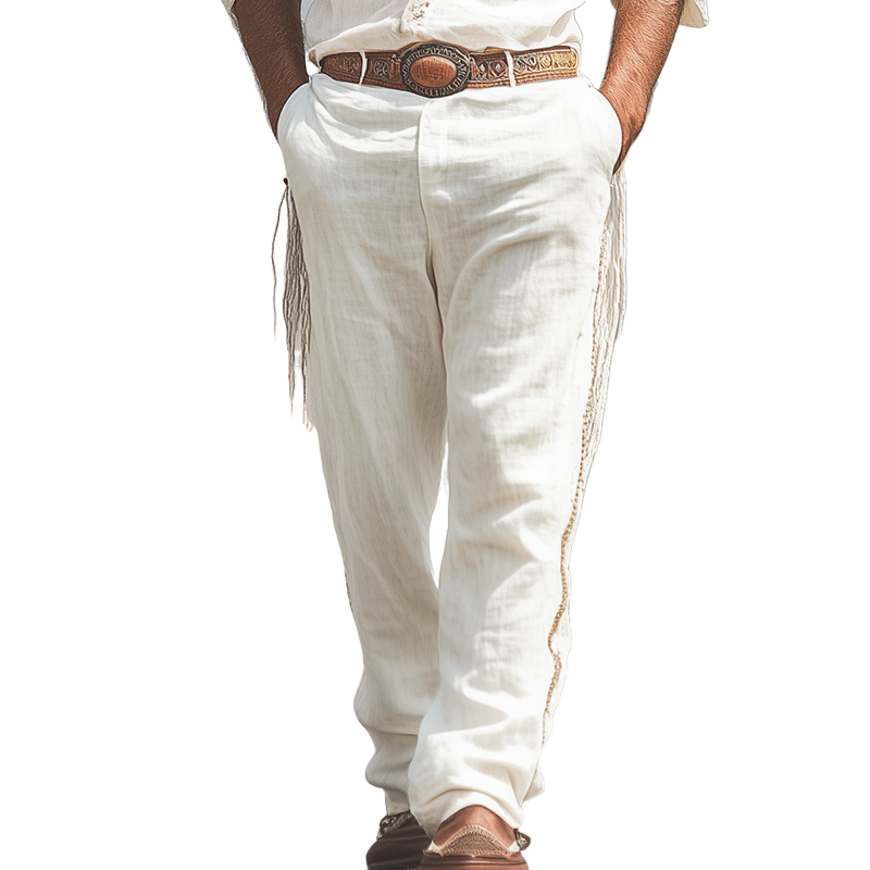 Men's Spring And Summer Fashion Western Cowboy Style Cotton And Linen Side Stitching Webbing And Tassel Loose Casual Pants MTA1677E9K