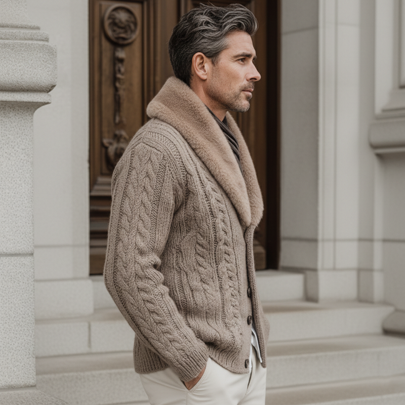 Men's Classic Cable Knit Detachable Mink Fur Collar Cardigan MTA2625K2U