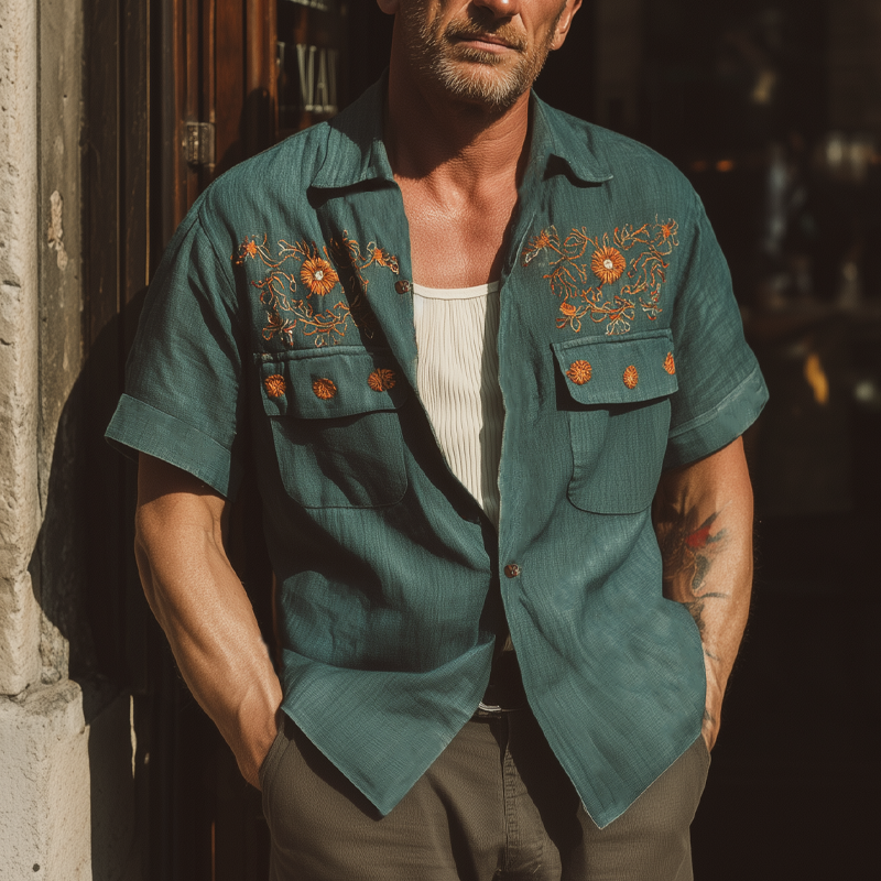 Men's Summer Vintage Embroidered Short Sleeve Shirt MTA1762F5U