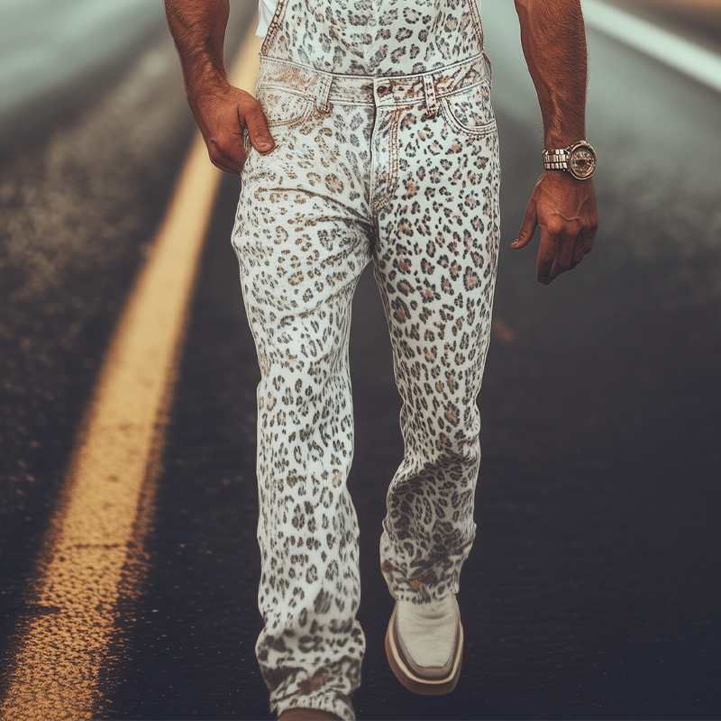 Men's Spring And Summer Fashion Personality Retro Distressed Western Cowboy Style Washed Denim Leopard Print Overalls MTA1351E0K