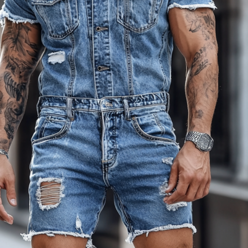 Herremote med korte ermer og enkeltspent, revet denimjump MTA2321F0Y