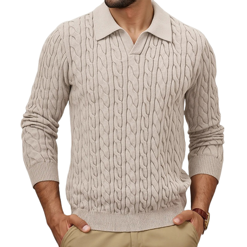 Men's Solid Color Slim-Fit Cable Textured POLO Neck Sweater MTA1373H6X