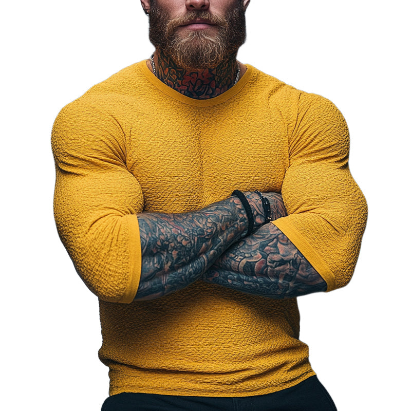 Men's Solid Color Textured Round Neck Long Sleeve T-Shirt MTA3089D3X