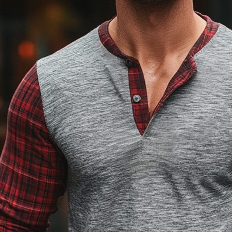 Men's Retro Casual Plaid Stitching Henley Collar Long Sleeve T-Shirt 39871174TO