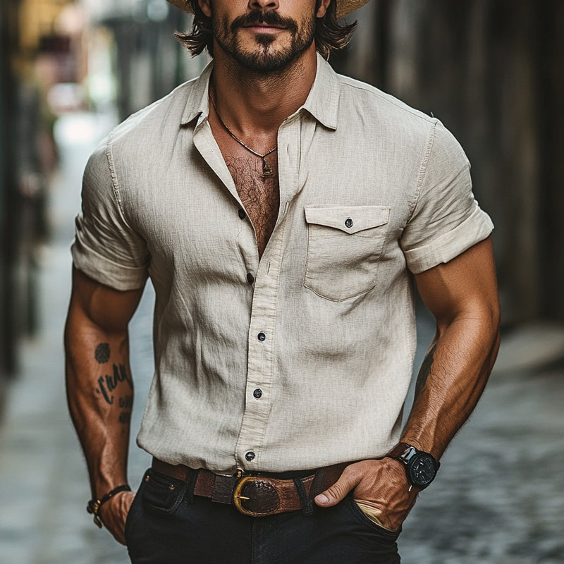 Men's Cotton And Linen Solid Color Lapel Short Sleeve Shirt MTA2937D5X