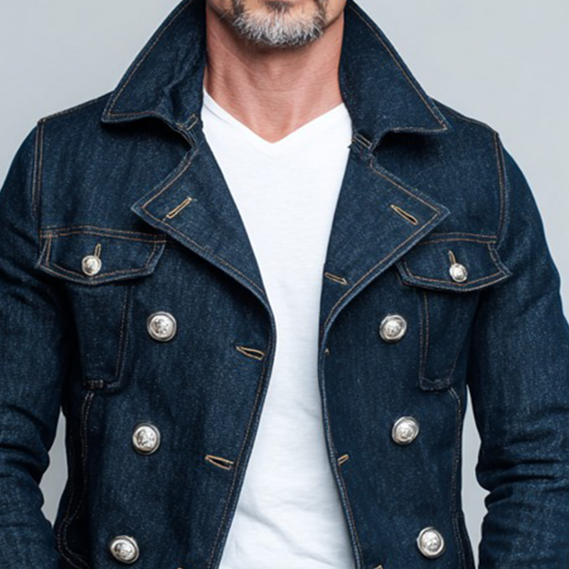 Men's Vintage Washed Solid Color Double Breasted Lapel Denim Jacket MTA1960I1X