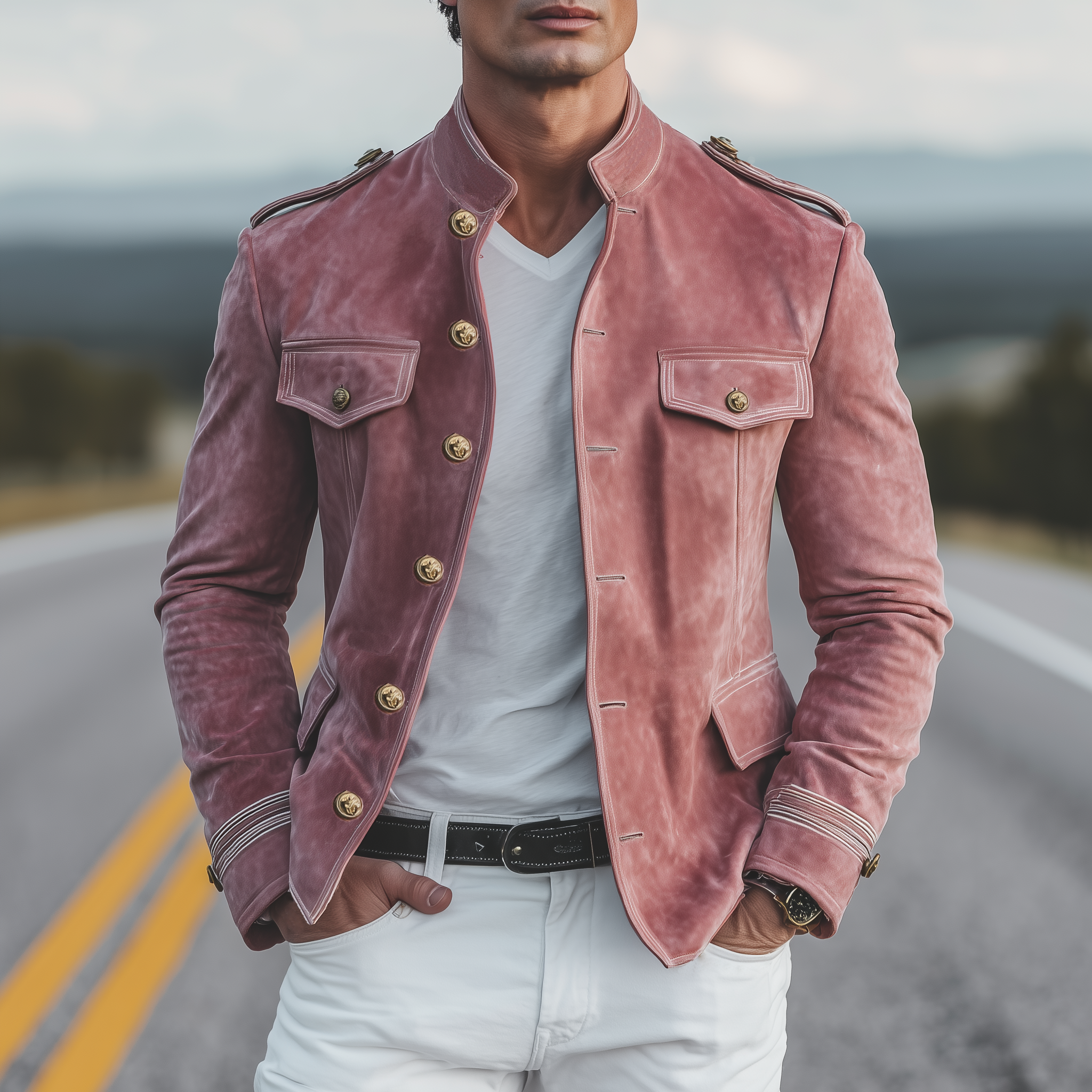 Men's Classic Retro Stand Collar Pink Suede Multi-pocket Slim-fit Jacket MTA3069H5K