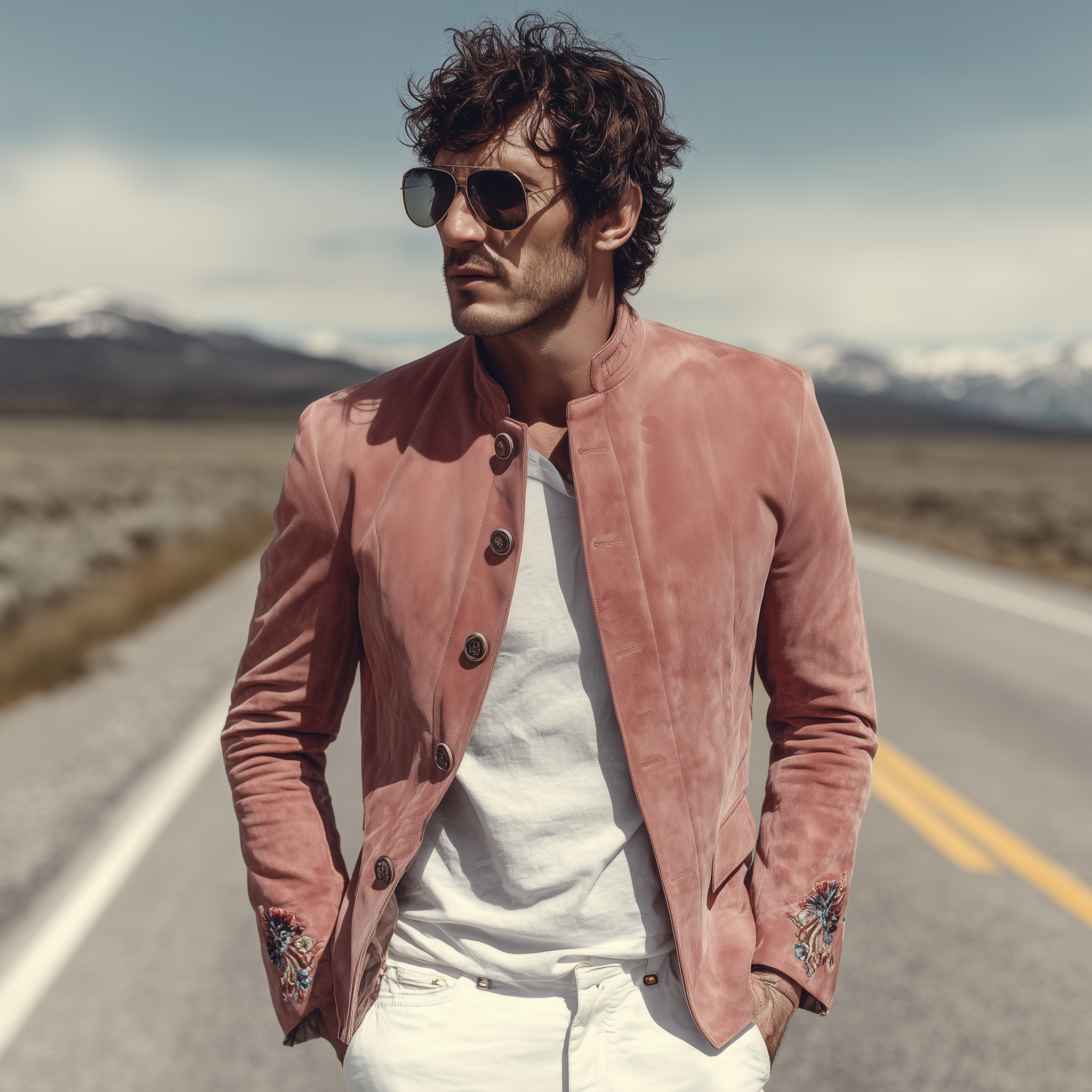Men's Classic American Retro Western Style Stand Collar Embroidered Pink Suede Jacket MTA2015H1K