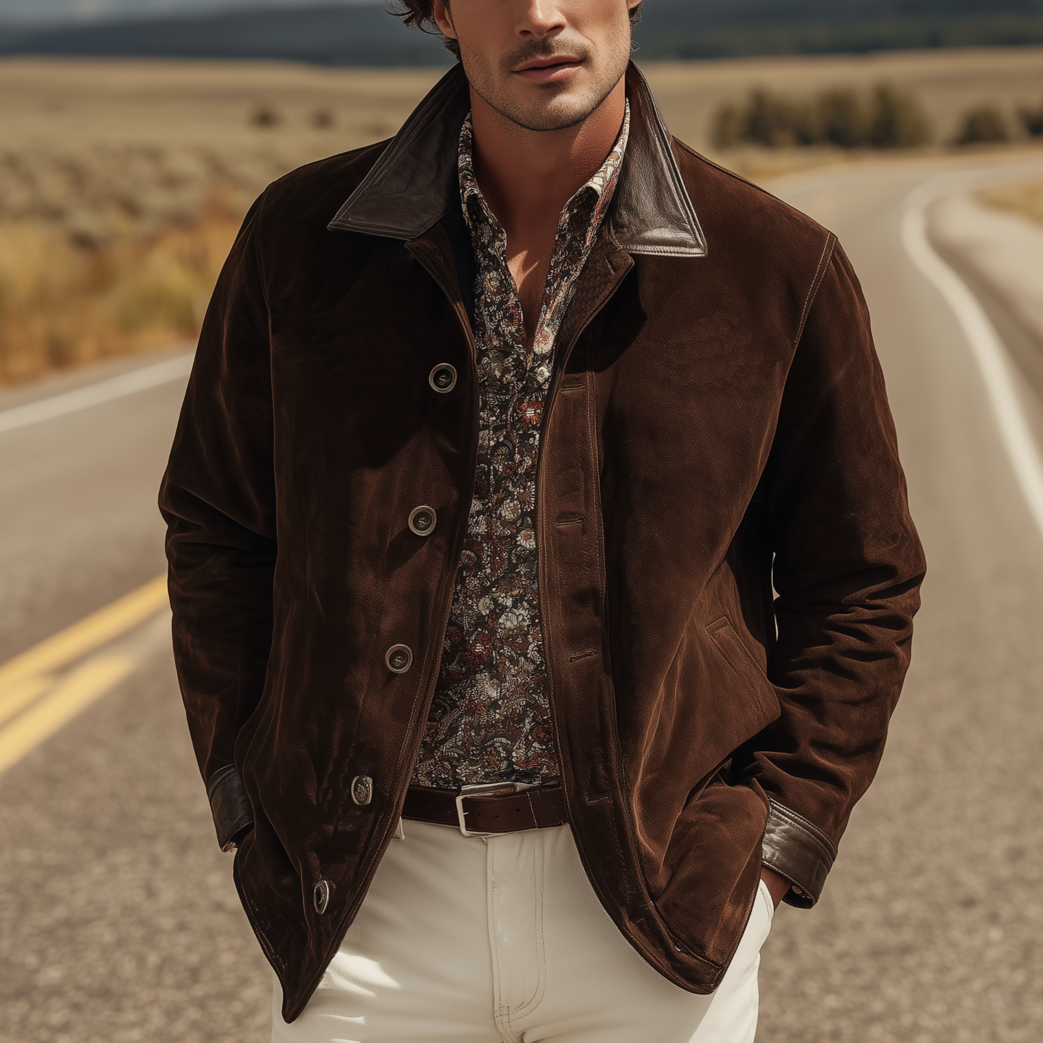 Men's Classic Western Casual Tough Style PU Leather Lapel And Cuff Suede Jacket MTA0883I3K