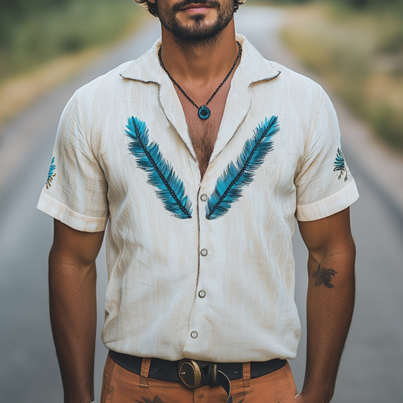 Men's Summer Feather Embroidery Lapel Short Sleeve Shirt MTA1508E3U