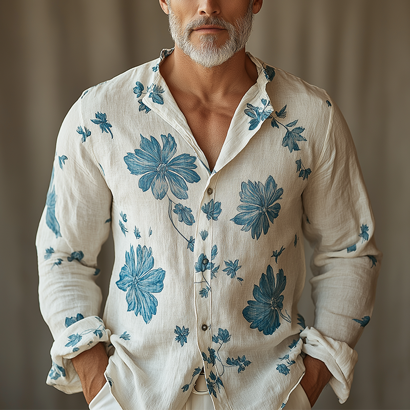 Men's Simple Printed Linen Long-sleeved Shirt MTA3058G3P