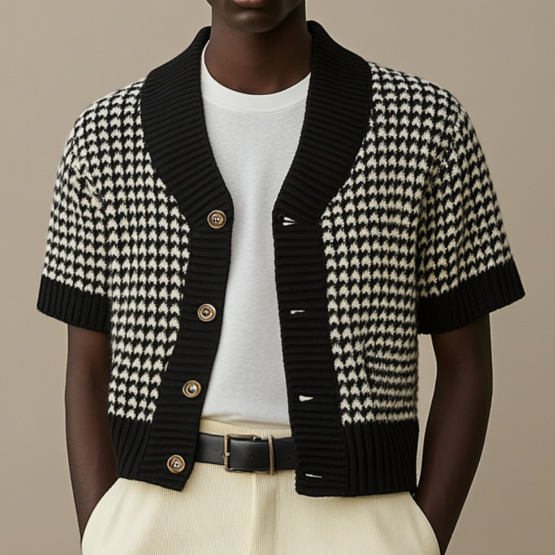 Men's Casual Contrast Houndstooth Jacquard Knit Single Breasted Short Sleeve Cardigan MTA0607E4M