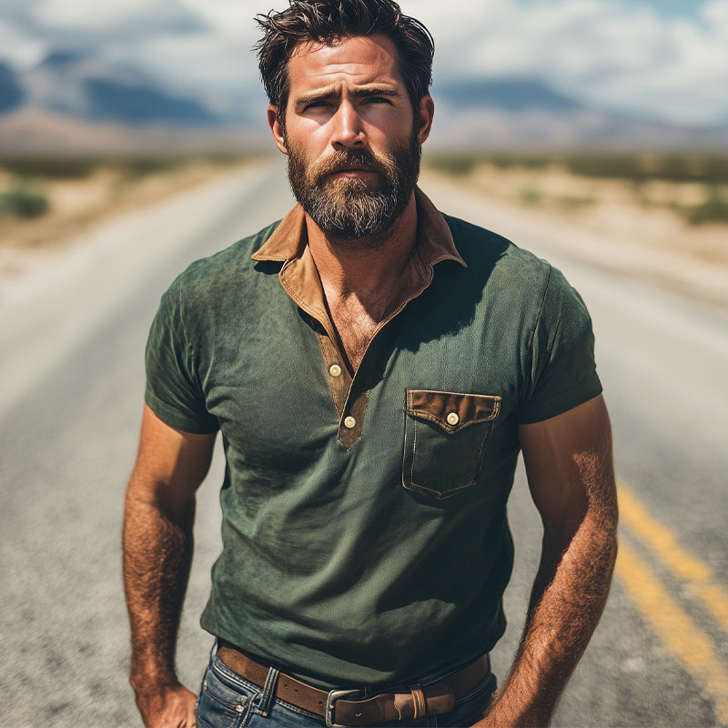 Men's Summer Retro Small V-neck Colorblock Short-sleeved T-shirt MTA1582E2U