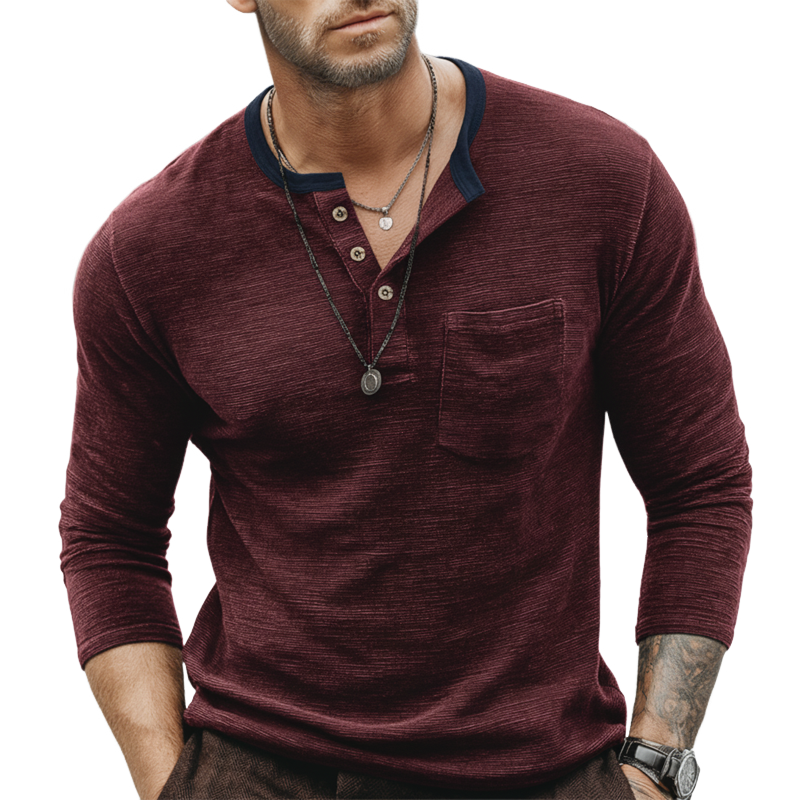 Men's Urban Casual Color-block Three-button Textured Henley Shirt MTA2242L3U