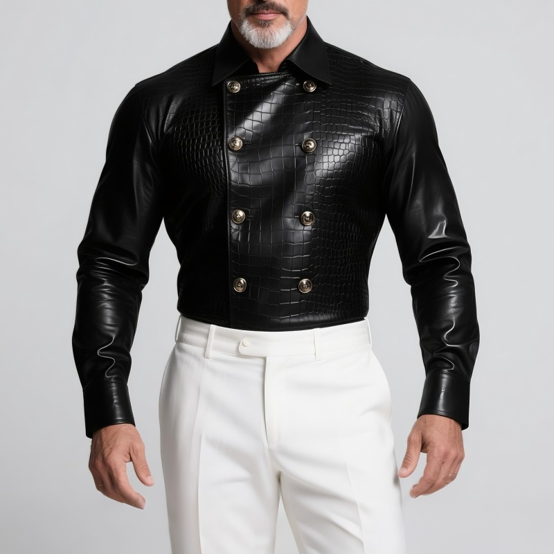 Men's Retro Casual Crocodile Pattern PU Lapel Leather Long Sleeve Shirt MTA1129H3TO