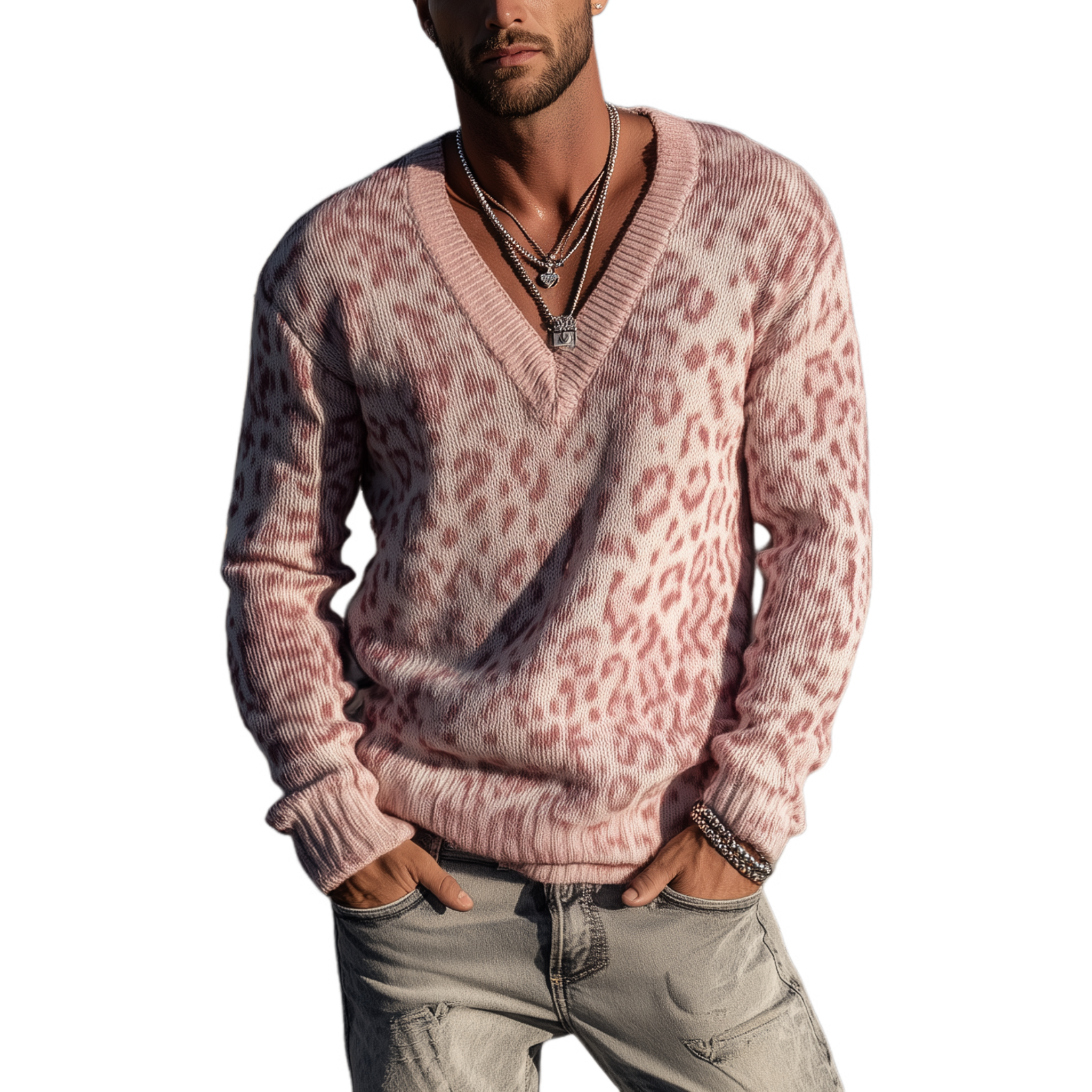 Men's Classic Vintage Leopard Print V-neck Sweater MTA0800H0K
