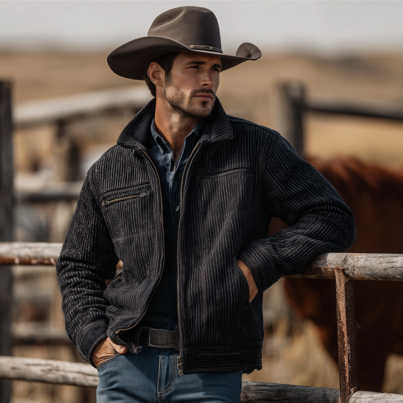 Men's Western Cowboy Style Ribbed Zipper Jacket MTA0732H2X