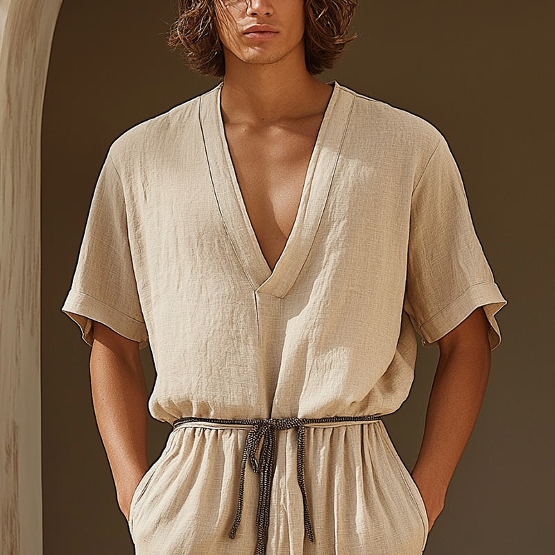 Men's Simple V-Neck Linen Mid-Sleeve T-Shirt MTA3098G2P