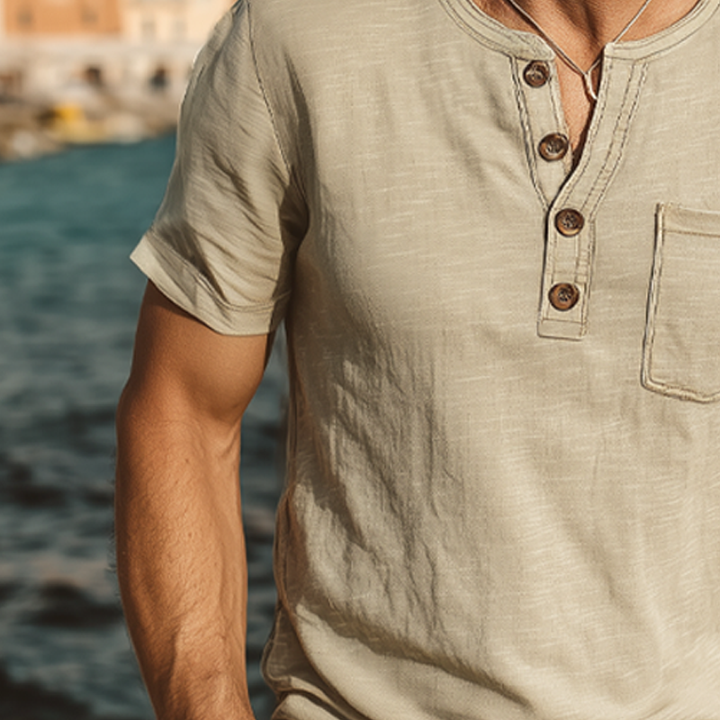Men's Summer Classic Henley Collar Cotton Short Sleeve T-Shirt MTA0368G6U