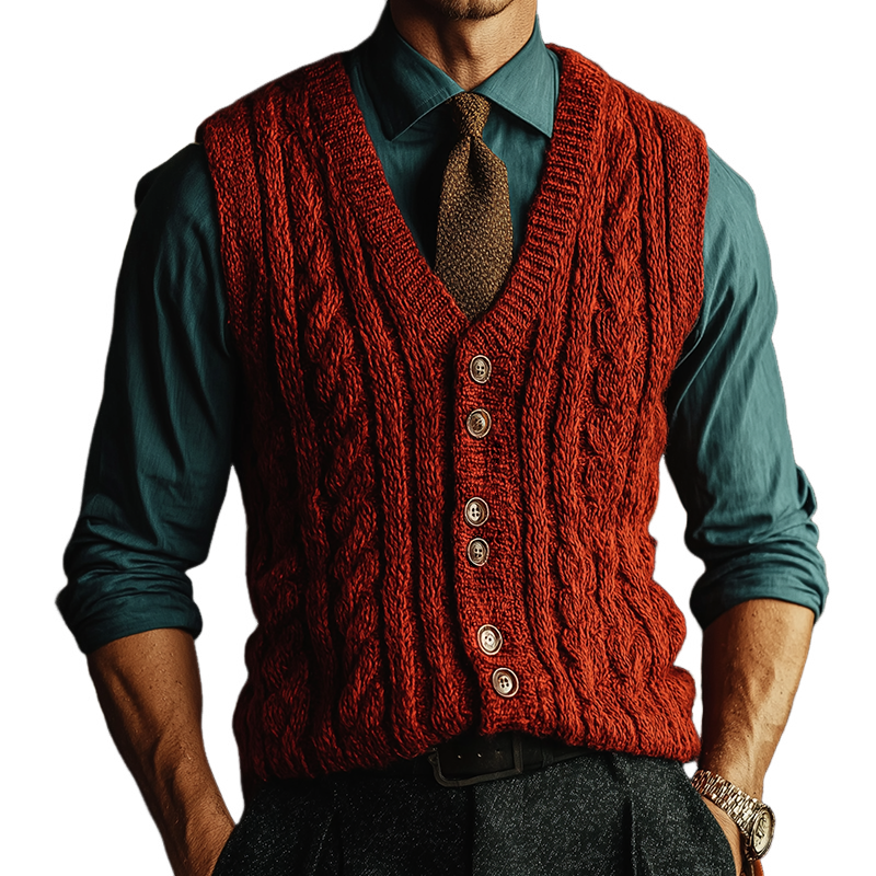 Men's Retro Casual Knitted Cable-Pattern Sweater Vest MTA1878I4TO