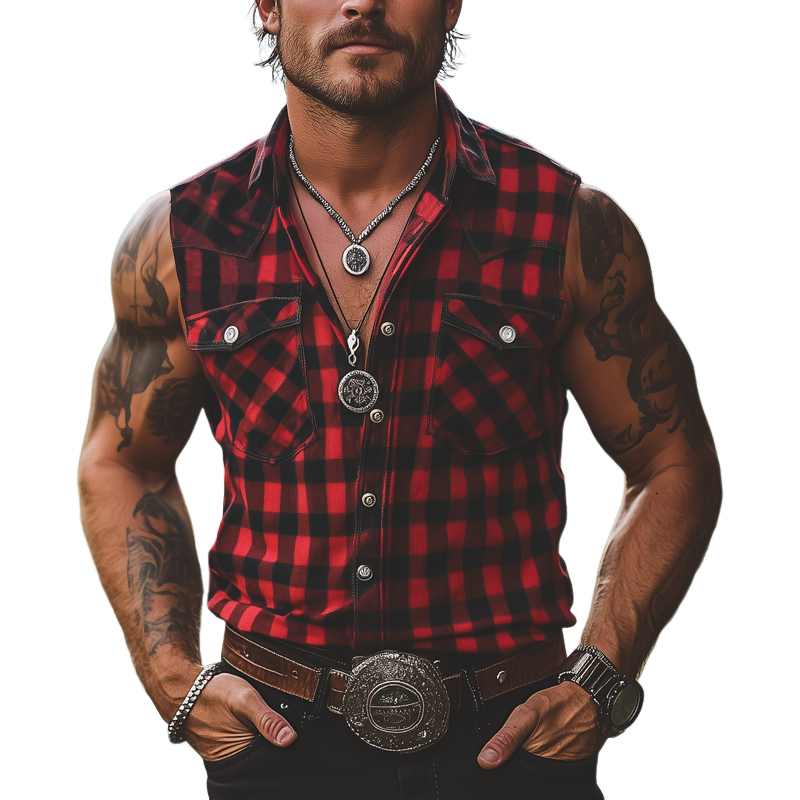 Men's Summer Western Cowboy Style Plaid Sleeveless Shirt MTA0419F0U