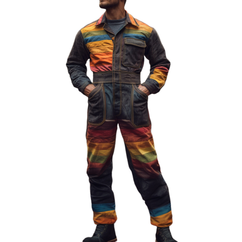 Men's Retro Casual Rainbow Stripe Print Pocket Long Sleeve Jumpsuit 80077263TO