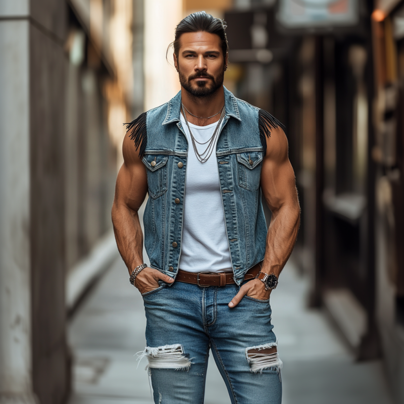 Men's Vintage Washed Distressed Lapel Single-breasted Shoulder Patchwork Tassel Denim Vest MTA2147E1M