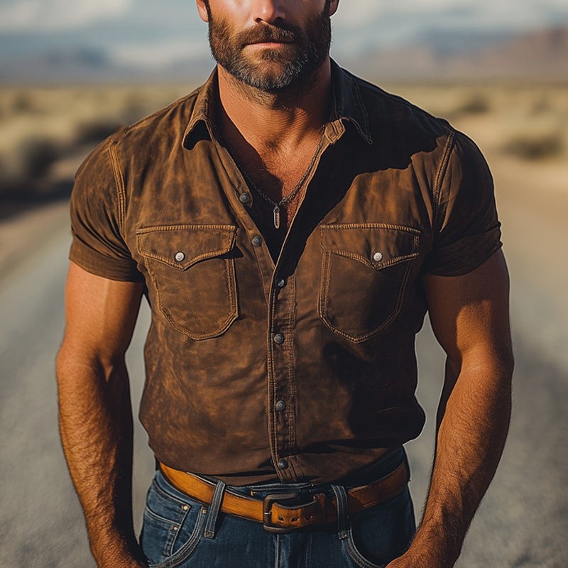 Men's Summer Western Cowboy Style Basic Button Short Sleeve Shirt MTA1515E0U