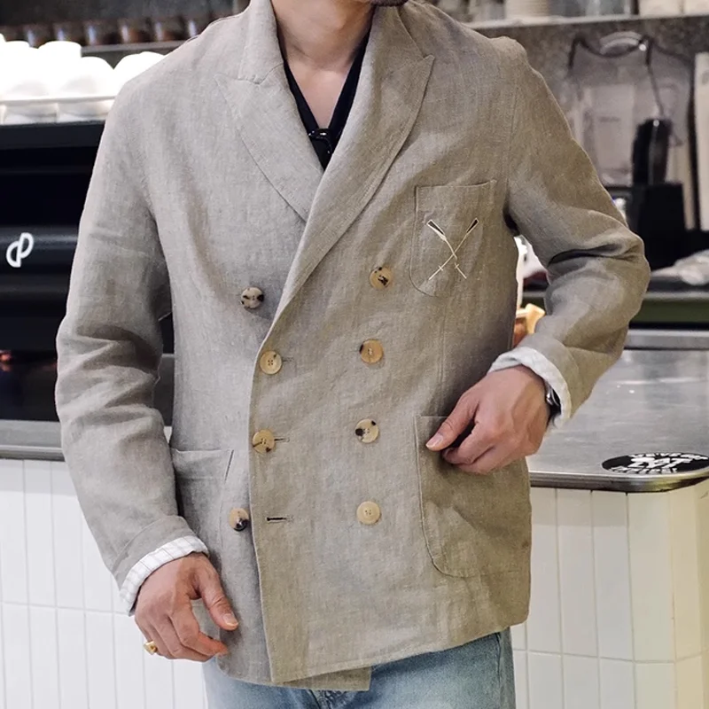 Men's Cotton And Linen Peak Lapel Double Breasted Casual Blazer MTA0725E5Z