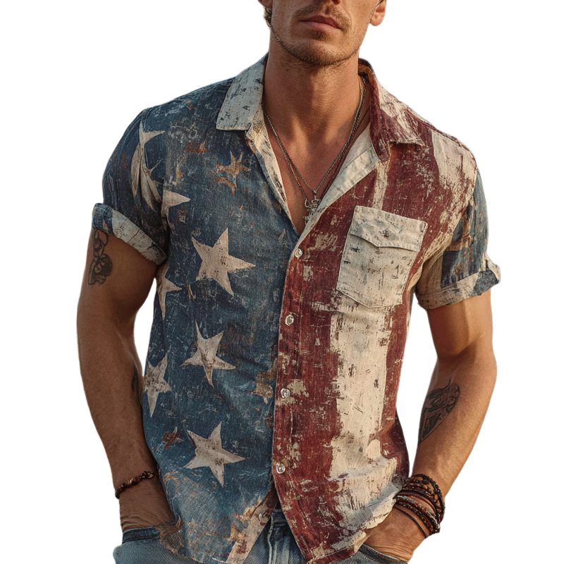 Men's Vintage American Flag Print Short Sleeve Shirt MTA1127G0X