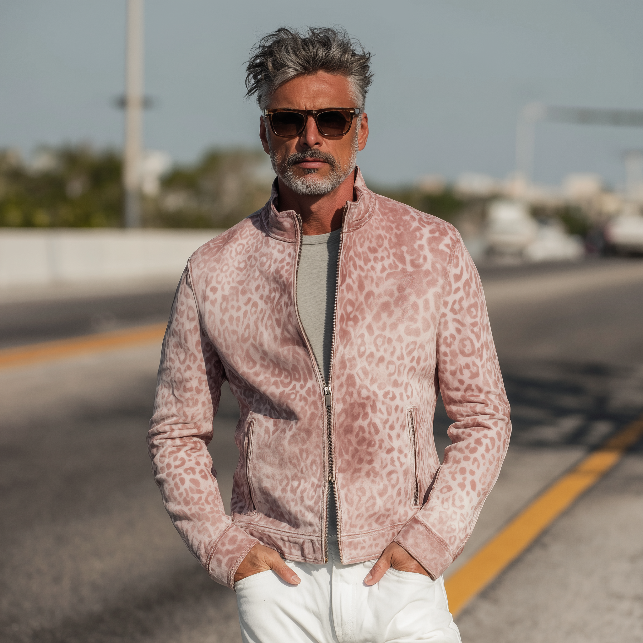 Men's Fashion Casual Pink Leopard Print Suede Stand Collar Zipper Jacket MTA1314H0K