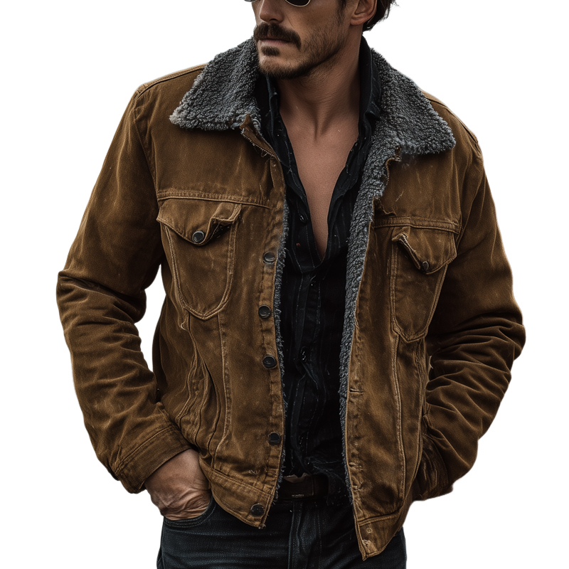 Men's Vintage Solid Fabric Splicing Polar Fleece Lapel Jacket MTA0556H7X