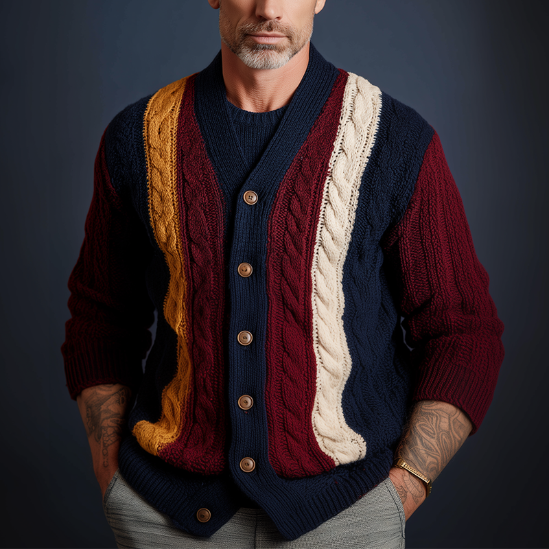 Men's Autumn And Winter Retro Color-Contrast Twist Pattern Knitted Cardigan MTA0894I8P