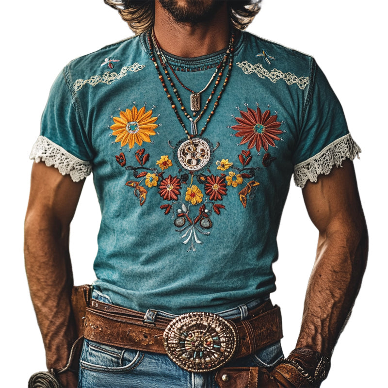 Herre t-skjorte med korte ermer og broderi i blonder, Western Cowboy-stoff, MTA2073E2X