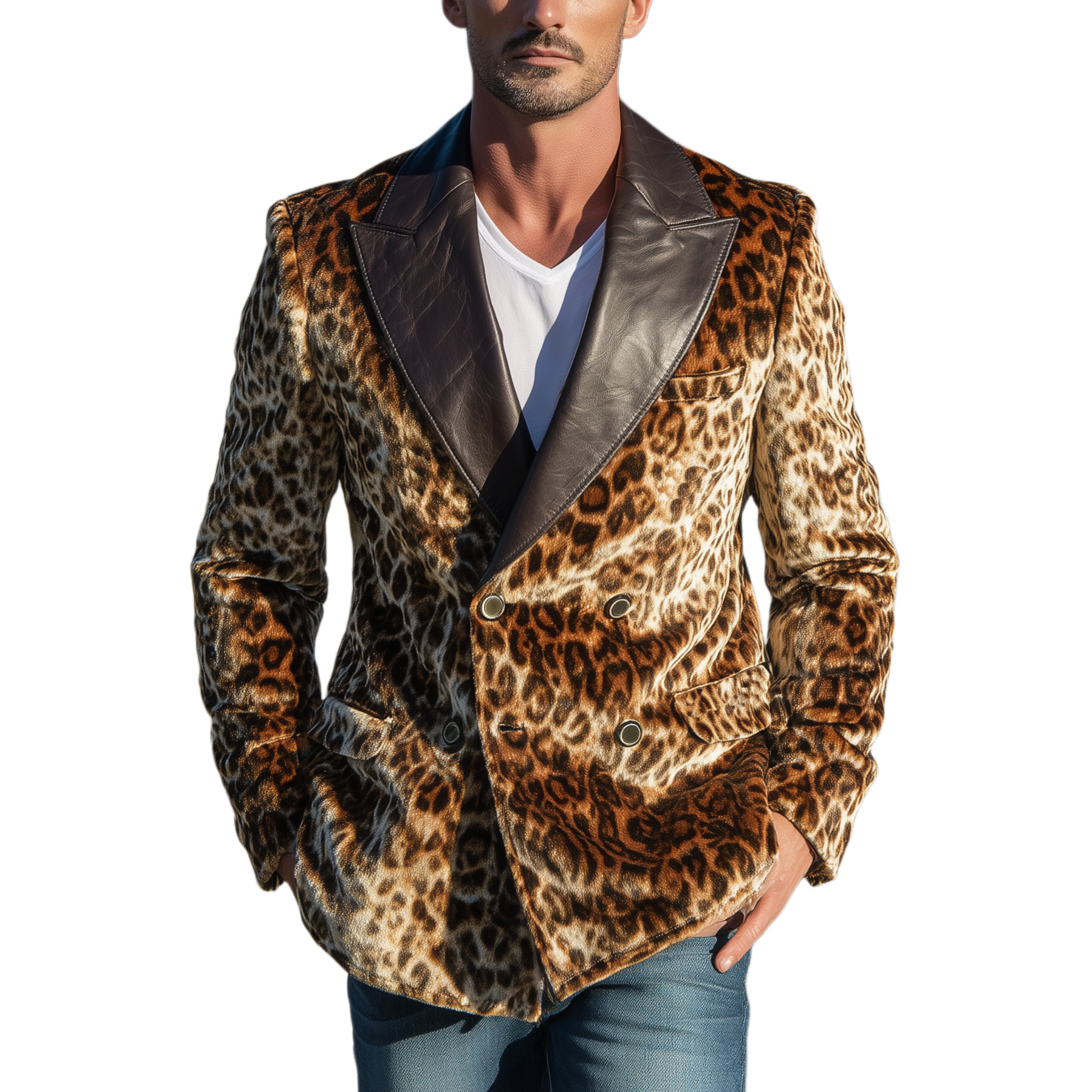 Men's Classic Retro Pu Leather Collar Leopard Velvet Double-breasted Blazer MTA0334I0K