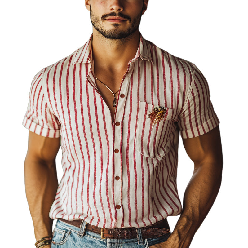 Men's Red Vertical Stripe Embroidered Short Sleeve Shirt MTA1045E5U