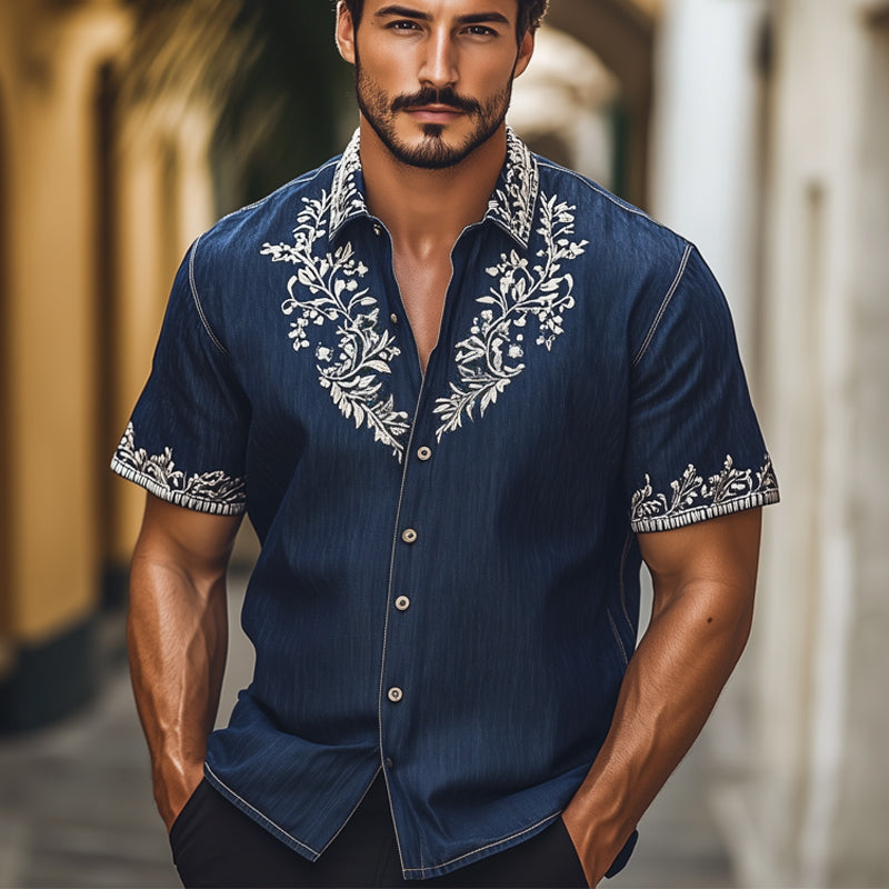 Men's Summer Vintage Silver Embroidered Denim Short Sleeve Shirt MTA2216E5U