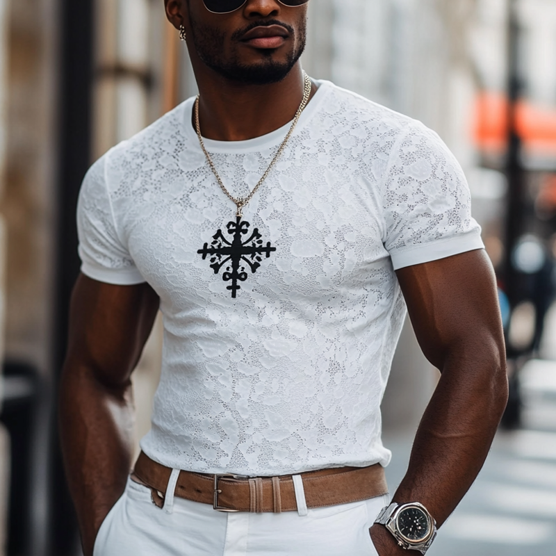 Men's Fashion Cross Print Lace Round Neck Short Sleeve Casual T-shirt MTA2670E5Z