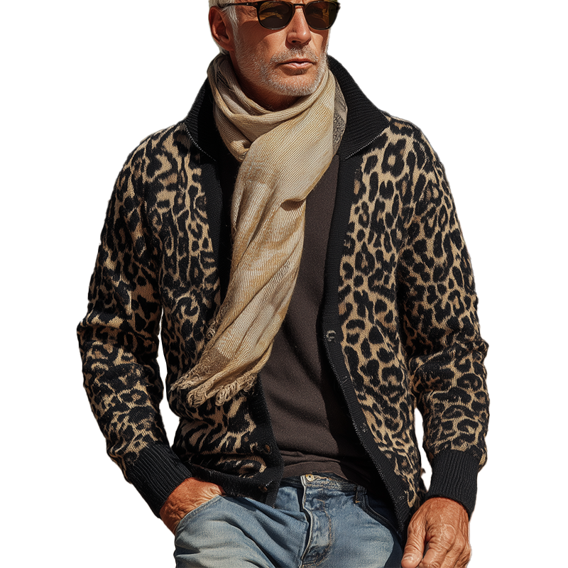 Men's Vintage Leopard Print Knitted Thin Cardigan MTA0732H6P