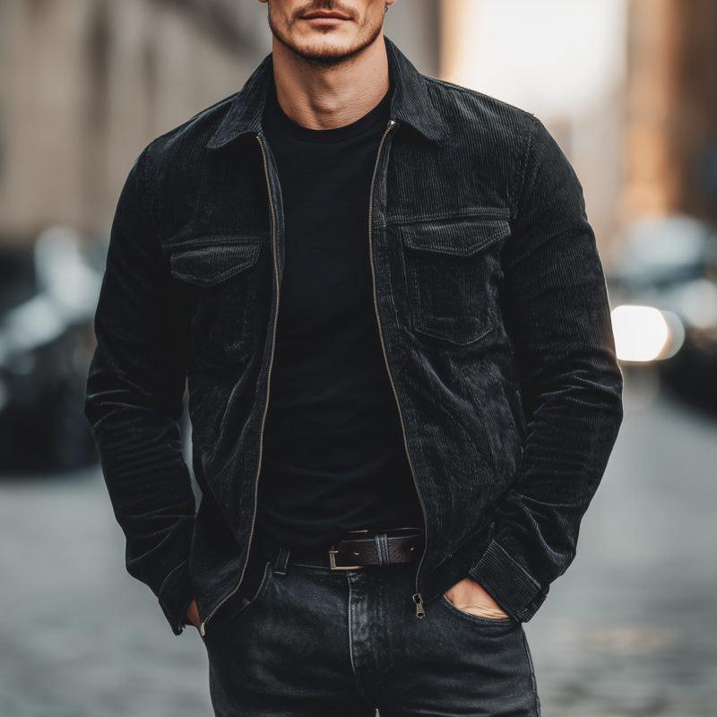 Men's Casual Fashion Solid Color Corduroy Lapel Zipper Placket Multi-pocket Loose Jacket MTA3061G3M